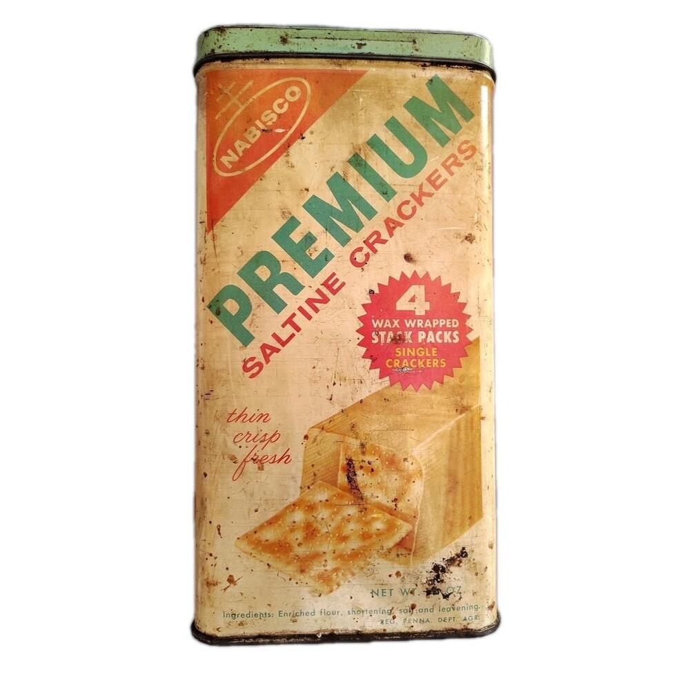 Vintage 1969 Nabisco Premium Saltine Crackers Tin - 14 oz. - 9.5" Tall Decor